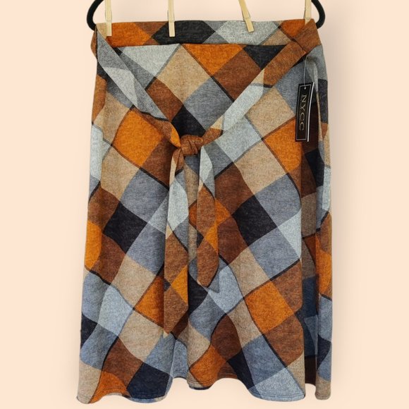 NYCC Dresses & Skirts - NWT NYCC XL Orange Tan Gray Plaid Tie Skirt Academia Retro Teacher Midi Knee New